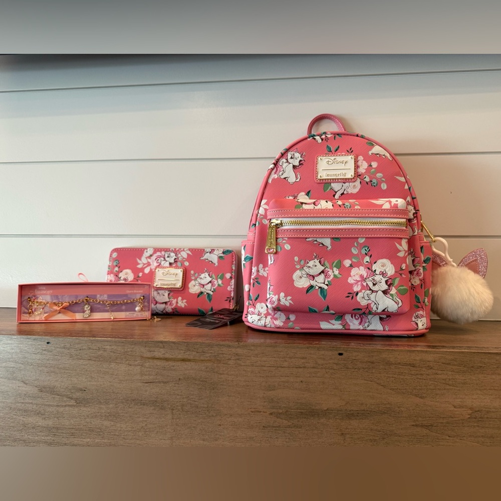 NWT! Marie Aristocats Pink Floral Loungefly Bundle Backpack, Wallet & Bracelet - Picture 3 of 6